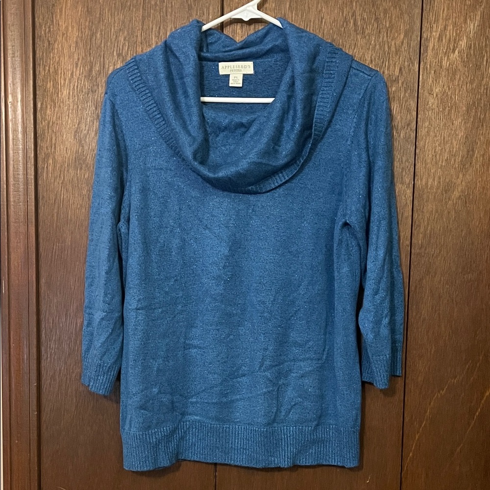 Women's Cowl Neck Sweater with sparkle detail- in Deep Blue 3/4 sleeves Petite L
